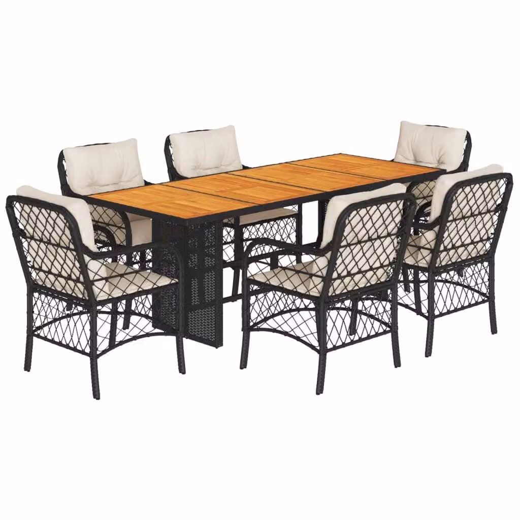 Set da Pranzo da Giardino 7 pz Nero con Cuscini in Polyrattan