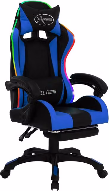 Sedia da Gaming vidaXL con Luci LED RGB, Blu e Nera in Similpelle, con Poggiatesta e Ruote