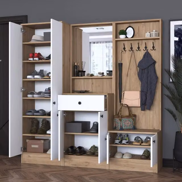 Mobile da Ingresso DMORA Elmas con Specchio, Bianco e Marrone, L: 179 cm, P: 36 cm, H: 183 cm