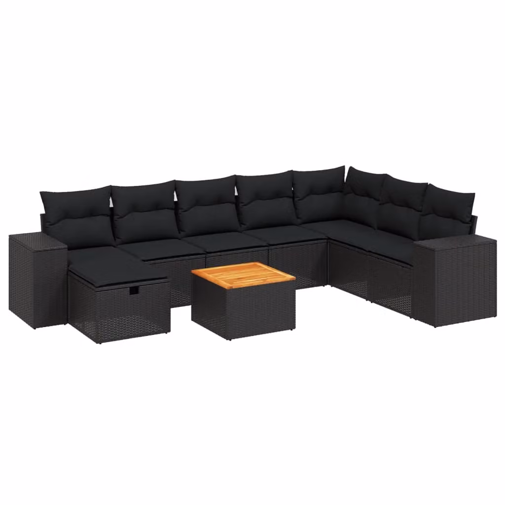 Set Divani da Giardino 9 pz con Cuscini Nero in Polyrattan