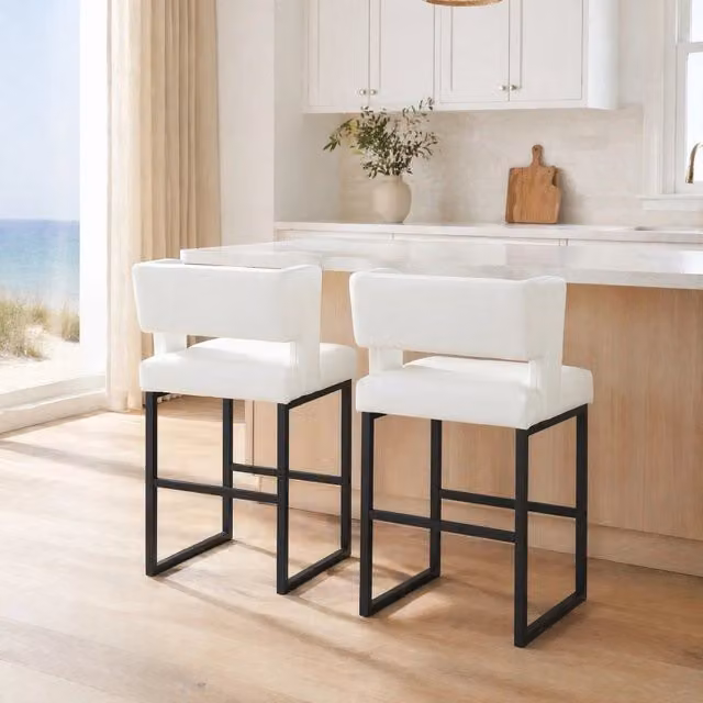 Sgabello da bar REDOM in stile nordico con struttura in metallo e seduta in ecopelle, Bianco/Nero, Altezza: 91,4 cm