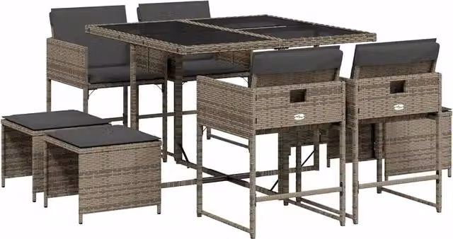 Set da Pranzo da Giardino 9 pz | Set Salotto da Giardino con Cuscini in Polyrattan Grigio