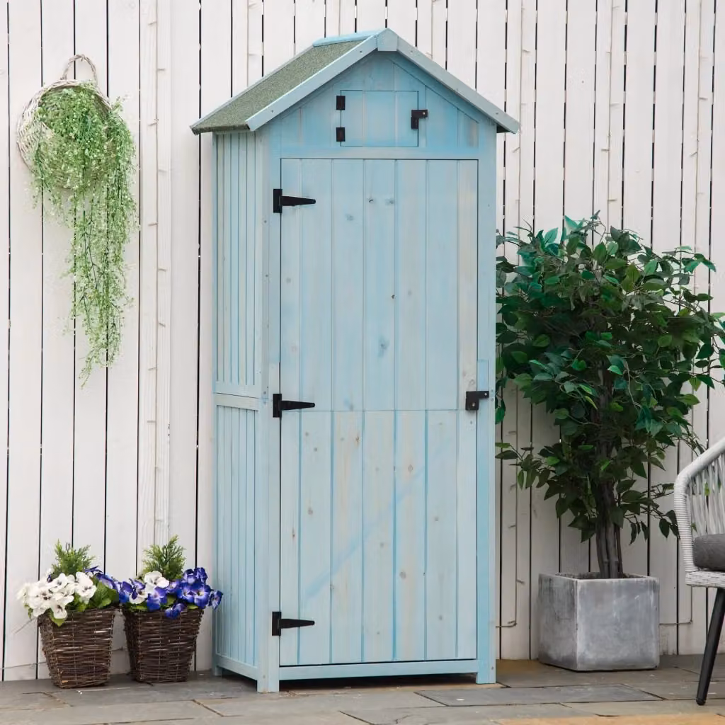 Mobile contenitore da giardino Chicfurn in legno azzurro con 3 ripiani rimovibili e finestra apribile L: 77 cm, P: 54.2 cm, H: 179 cm – 2