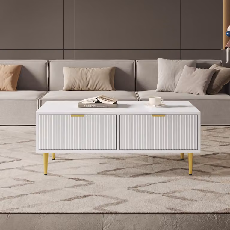 Tavolino bianco con due cassetti, dimensioni 100x50x40 cm, realizzato in MDF con gambe in metallo dorato, ideale per il soggiorno