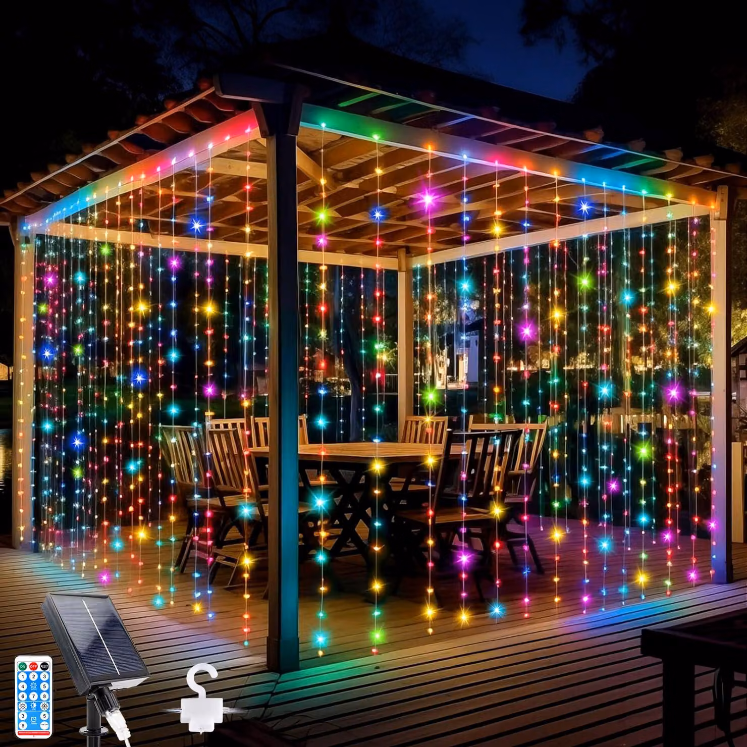 Illuminazione a tenda a LED, dimensioni 3x3 metri, 302 LED, alimentazione solare, impermeabile