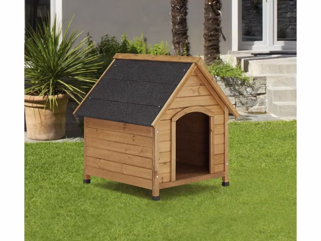 Cuccia per cani in legno di abete beige e marrone, resistente alle intemperie con pavimento rialzato, L/P/H: 77 x 82 x 88 cm – 2