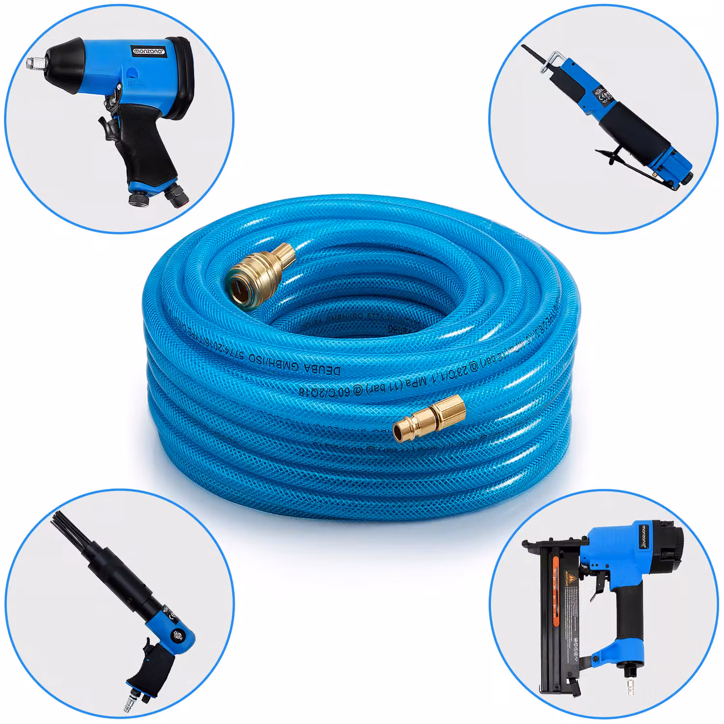 Tubo per aria compressa DEUBA blu con attacco rapido e tappo in plastica, 15 m – 2