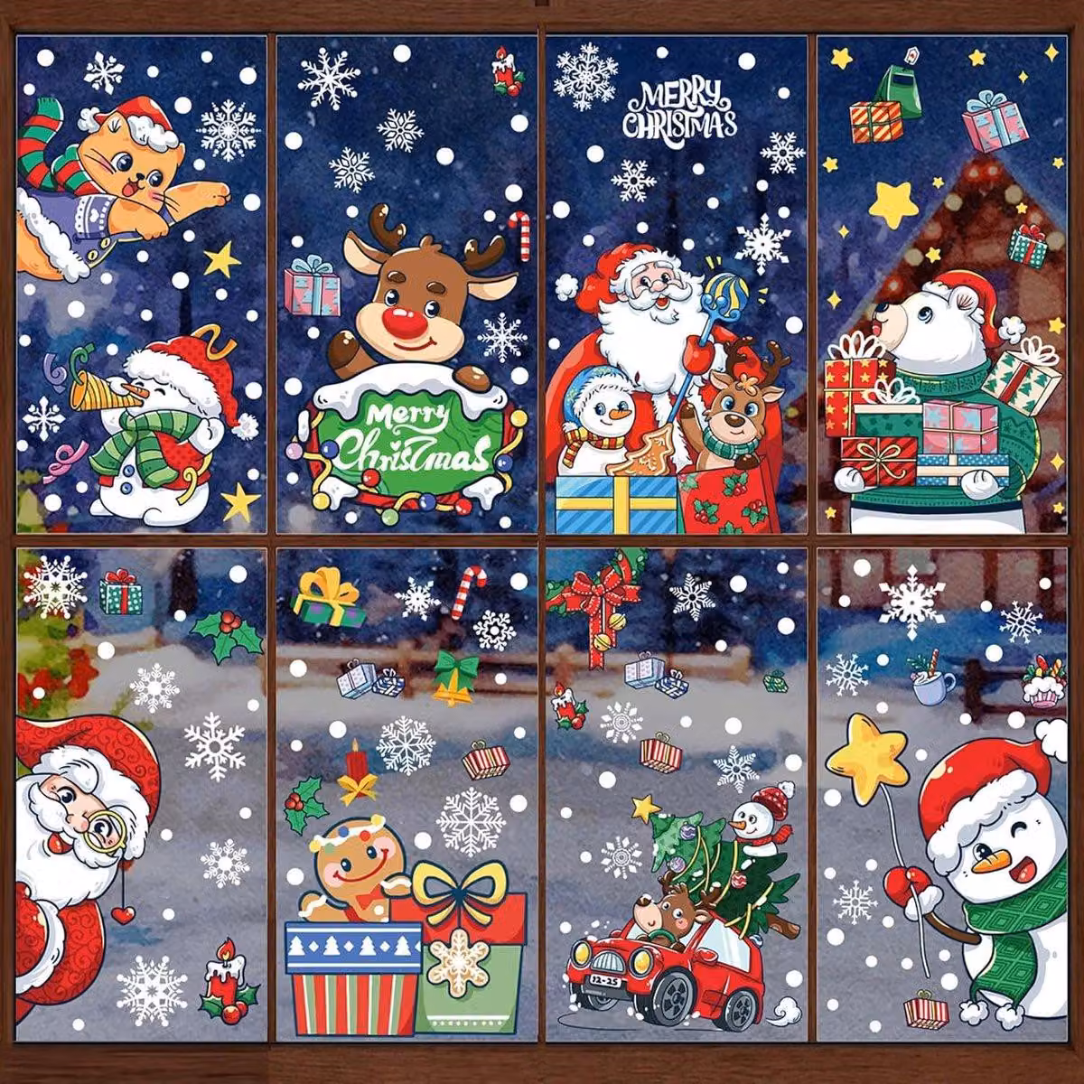 Adesivi per finestre a tema natalizio, 8 fogli di adesivi in PVC statico, ideali per decorare vetri con motivi natalizi come Babbo Natale, fiocchi di neve e gnomi