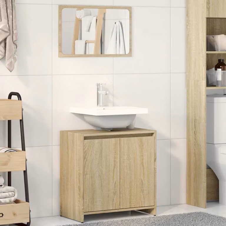 Set Mobili da Bagno vidaXL 2 Pezzi in Legno Rovere Sonoma Marrone con Mobile Lavabo e Armadietto Specchio