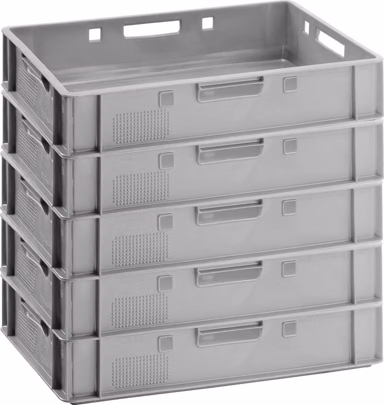 Fleischerkiste E1: Contenitore per macellai. Metzgertkiste: Contenitore per carne. 5x Fleischkiste flach: 5 contenitori piatti per carne, dimensioni 60x40x12,5 cm. Stapelkiste grau: Contenitore grigio impilabile
