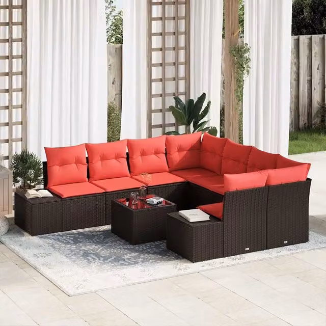 Set Divano da Giardino Moderno vidaXL in Polyrattan con Cuscini Beige, Rosso e Marrone e Tavolino da Esterno