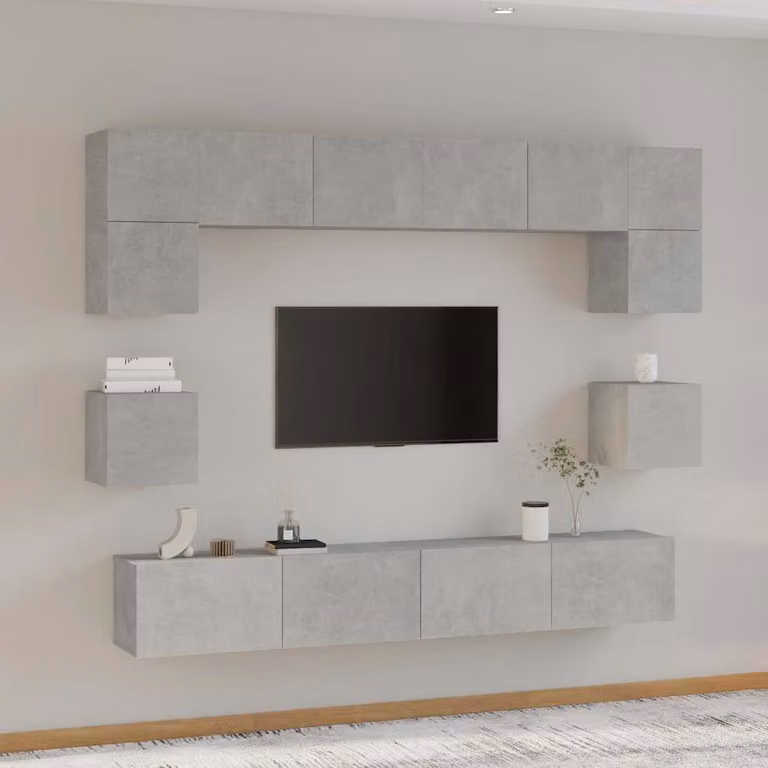 Set di mobili porta TV da 8 pezzi vidaXL in legno multistrato, colore grigio cemento, design classico a parete per il tuo soggiorno