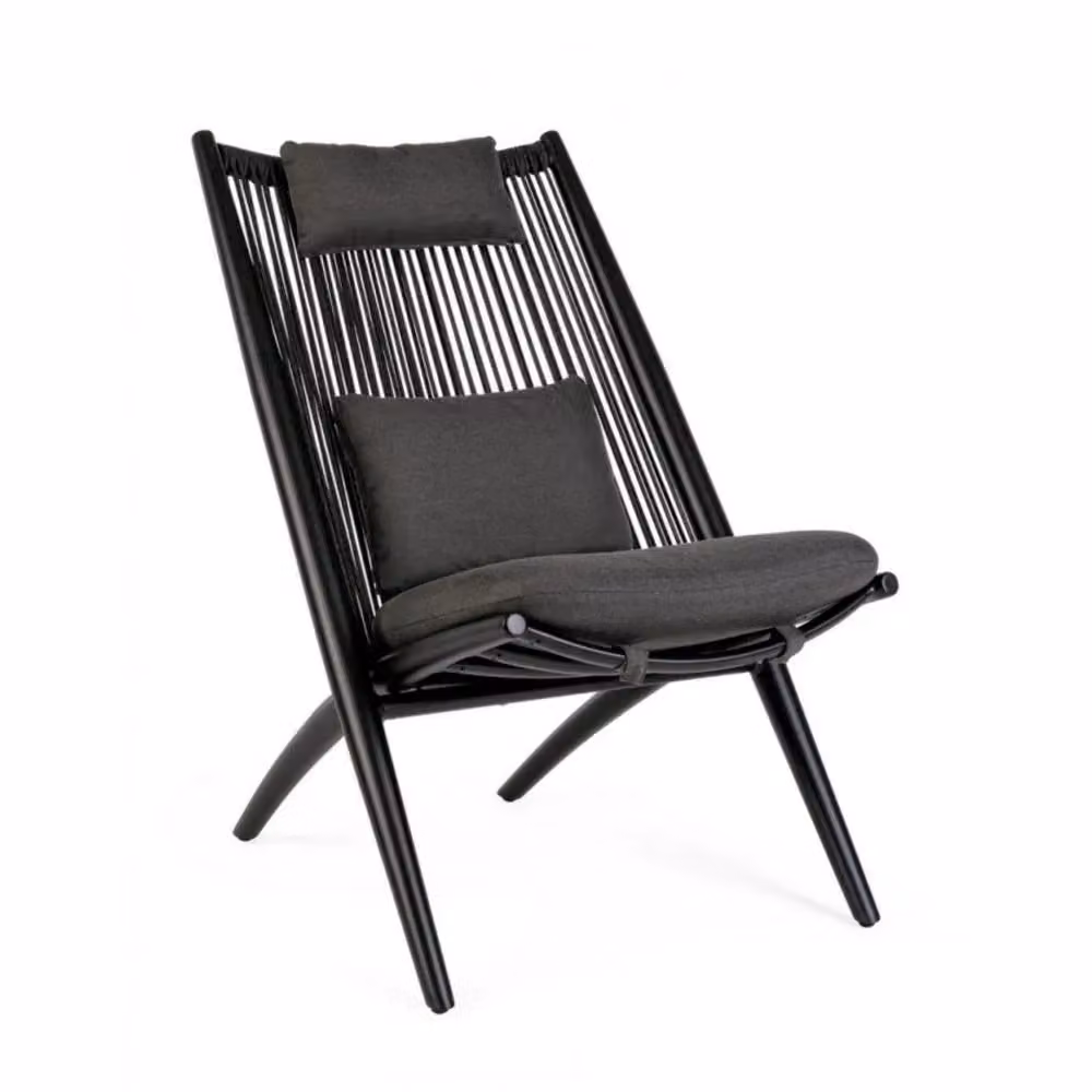 Set di poltrone ALOHA in alluminio nero e intreccio di corda nero, con cuscini