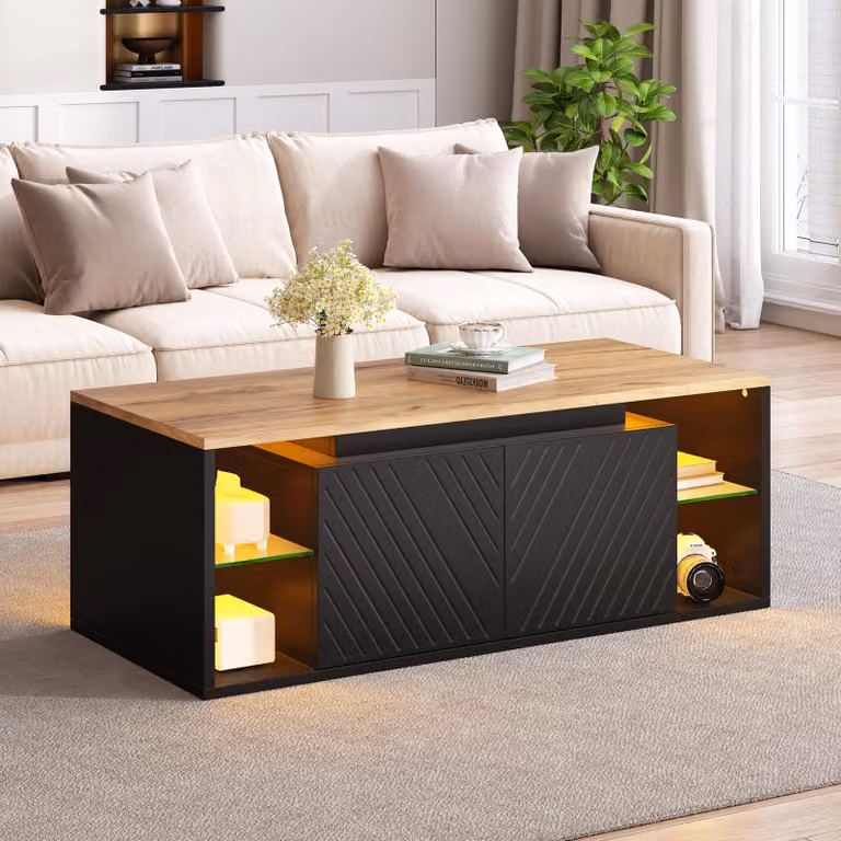 Tavolino moderno con illuminazione LED e vano portaoggetti semiaperto, tavolino multifunzionale con 2 ante e spazio contenitivo, colore nero