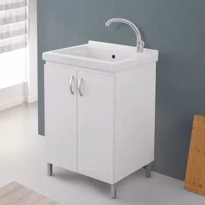 Mobile lavanderia moderno in ceramica e legno bianco con ante a battente