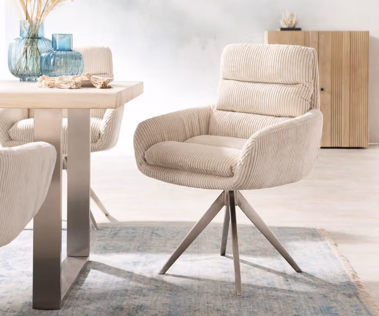 DELIFE Sedia da pranzo Abelia-Flex con braccioli in velluto a coste beige, base a croce angolare in acciaio inossidabile