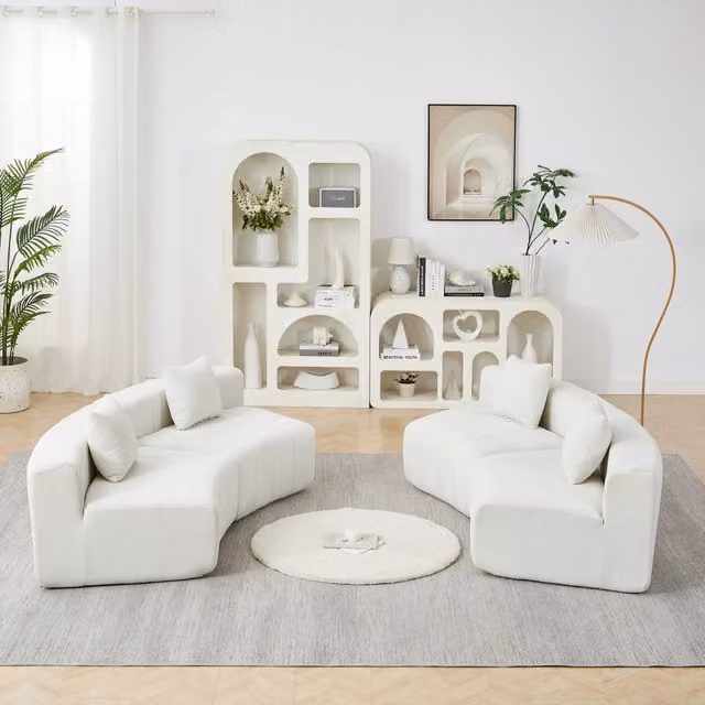 Divano 4 posti ¨C Minimal ¨C Tessuto chenille, con 2 cuscini, colore grigio, design curvo