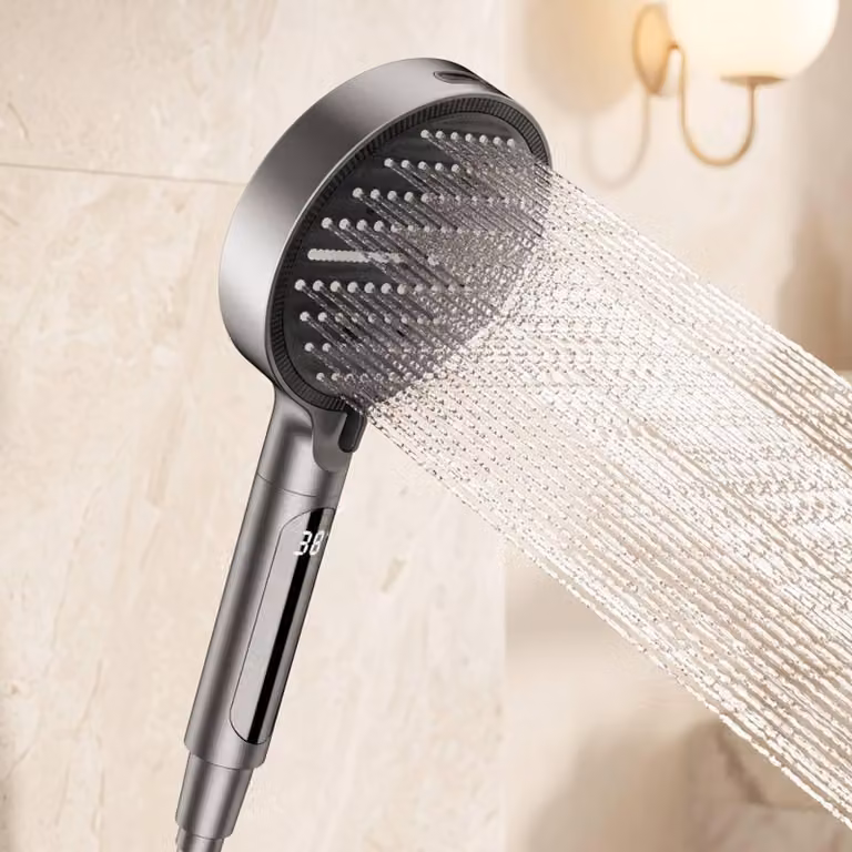 Doccia con alta pressione, indicatore di temperatura, 4+1 tipi di getto, corpo in ABS grigio scuro, a risparmio idrico