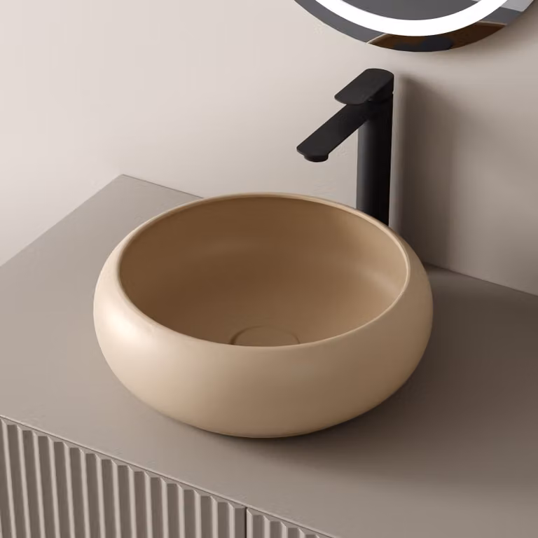 Lavabo rotondo EMKE Design - Lavabo da appoggio in Vetroceramica 36 x 36 x 12 cm, Beige pallido opaco, design lussuoso per bagno e WC ospiti