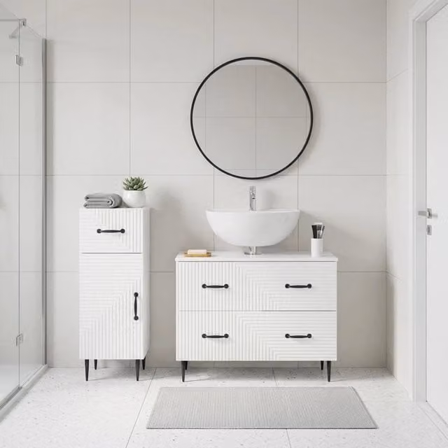 Set di mobili da bagno vidaXL composto da mobile lavabo e mobile contenitore, design moderno in legno bianco lucido, L/P/H: 82,0 x 33,7 x 59,0 cm e 41,0 x 33,7 x 82,0 cm