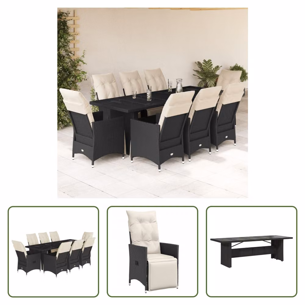 The Living Store Set bistrot da giardino da 9 pezzi con cuscini in poly rattan nero