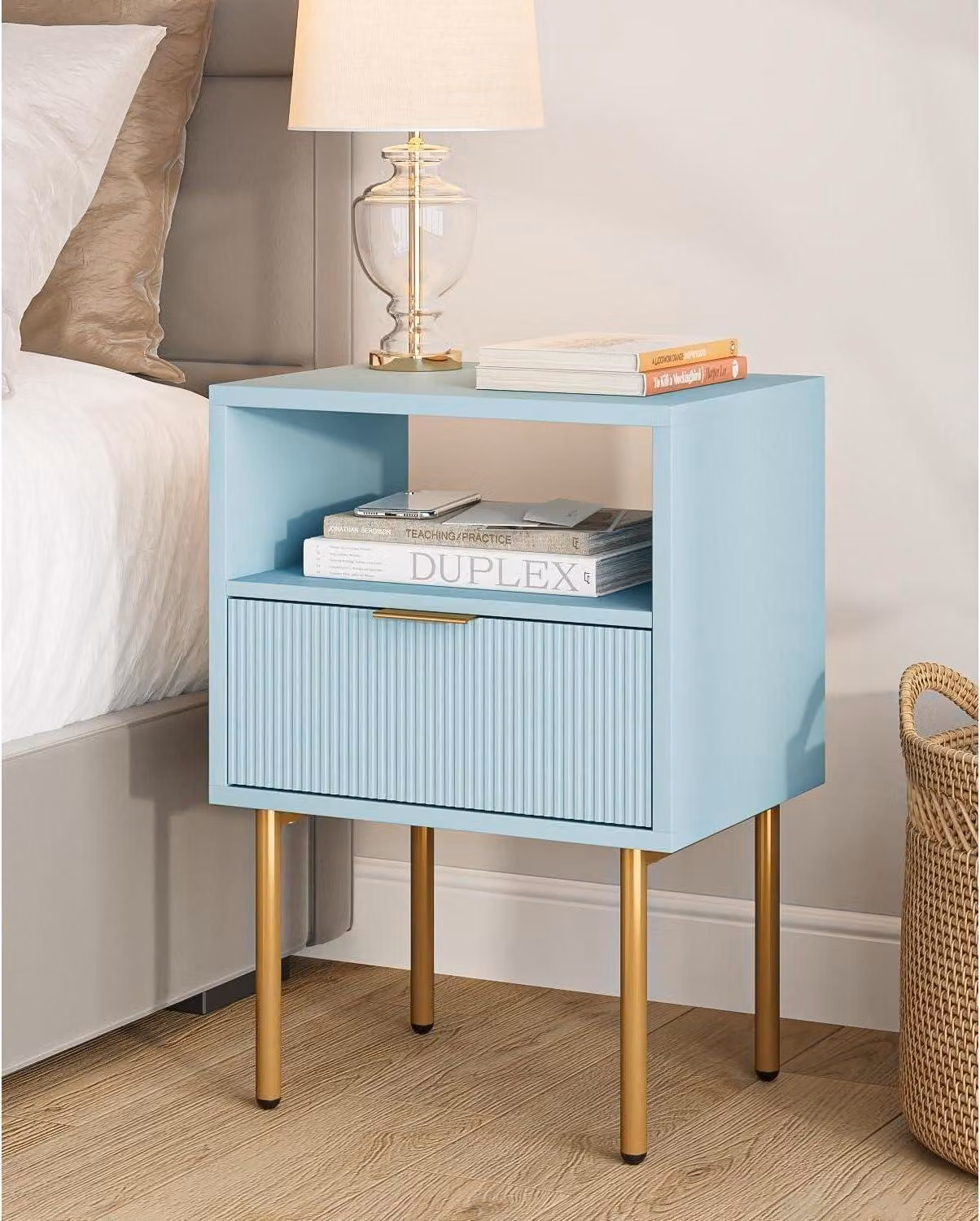 Comodino con ripiano aperto e cassetto, Moderno, Blu