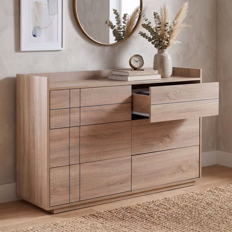 Comò HWC-P44, credenza, 6 cassetti con apertura a pressione, MDF 83x120x40 cm ~ effetto rovere Sonoma