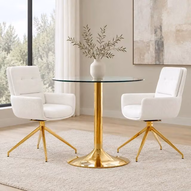 Set da pranzo con tavolo rotondo in vetro temperato Ø 85 cm e 2 sedie bianche in PU con base metallica dorata girevole a 360°