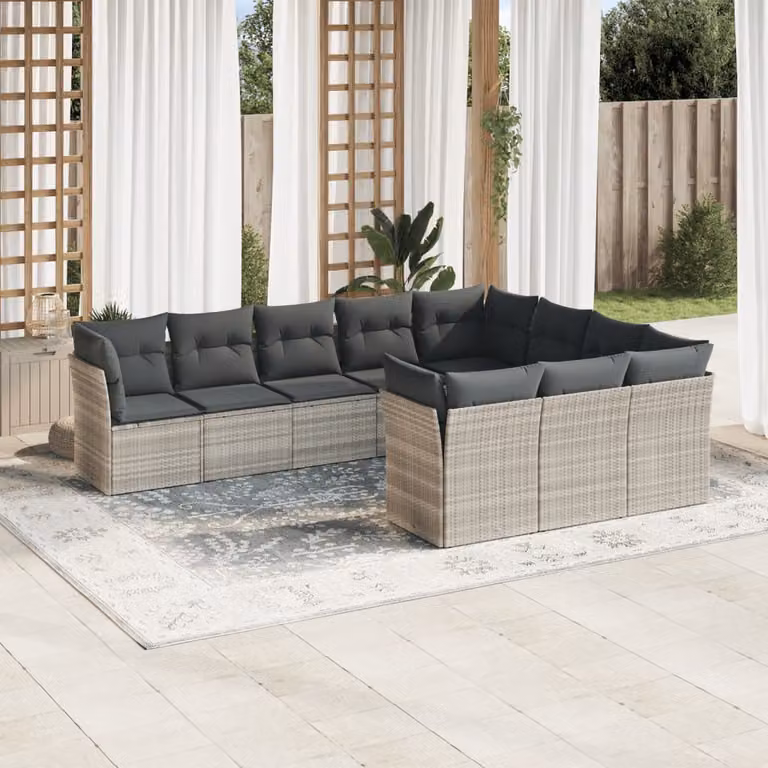 vidaXL Set Divano da Giardino a L 10 pz con Cuscini Grigio Chiaro in Polyrattan e Metallo