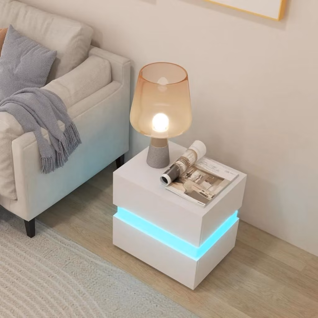 Tavolino comodino moderno con illuminazione LED integrata, telecomando e cassetti, Bianco lucido – 2