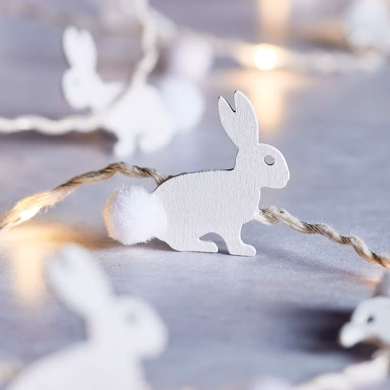 Catena luminosa a forma di coniglio per Pasqua, con 20 LED bianco caldo, timer, lunghezza 2,5 metri, alimentazione a batteria