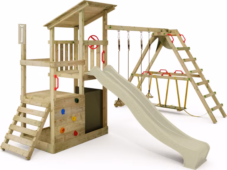 Torre giochi Fatmoose FruityForest Fun XXL con struttura a surf e scivolo, colore verde salvia