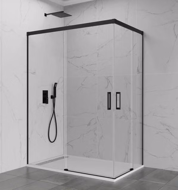 Box doccia angolare BASIC apertura al vertice 100x70 cm (95-100/65-70) nero opaco vetro trasparente