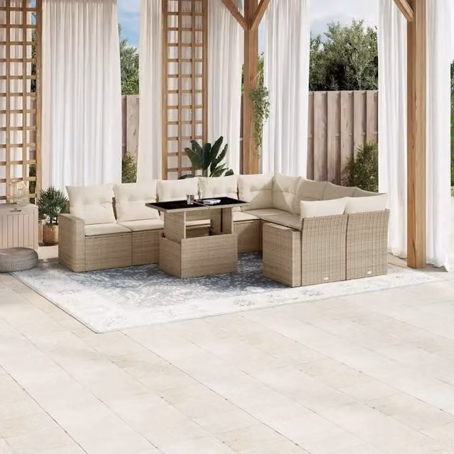 Set Divano da Giardino 10 Pezzi vidaXL con Cuscini Beige in Polyrattan e Tavolino – 1