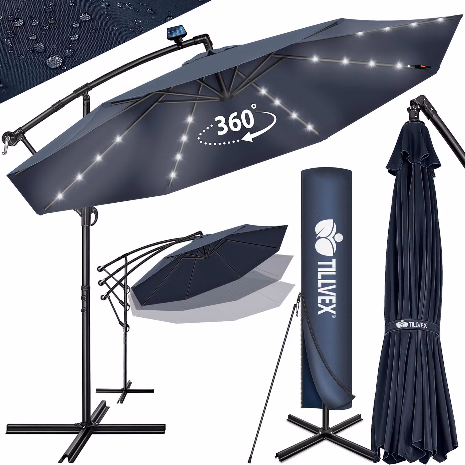 tillvex ombrellone a sbalzo in alluminio blu navy LED solare Ø 350 cm con manovella | ombrellone con interruttore on/off | ombrellone da giardino protezione UV alluminio | ombrellone a manovella con supporto ombrellone da mercato impermeabile