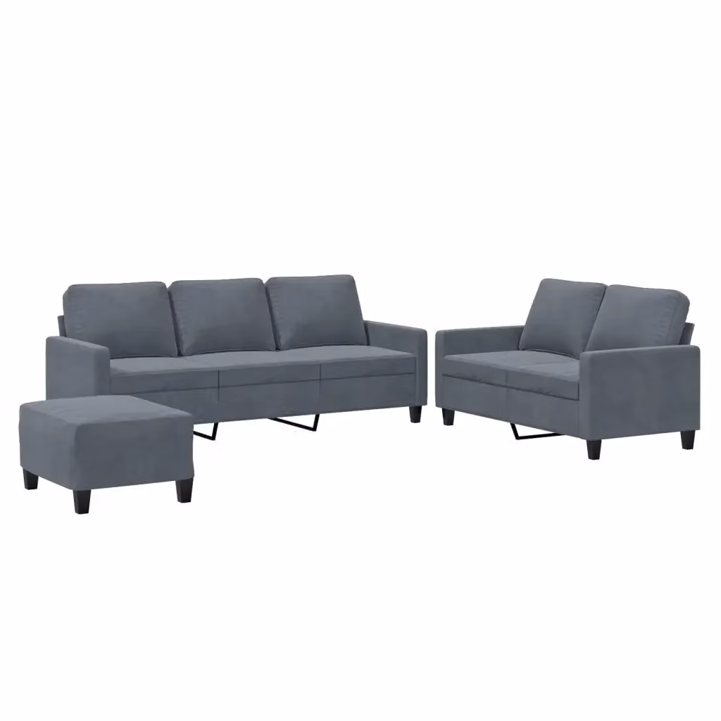 Set di divani vidaXL 3 pezzi in velluto grigio con pouf e cuscini per soggiorno – 2