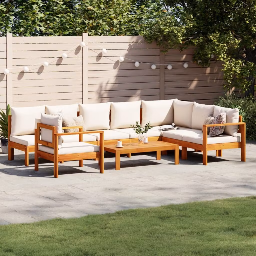 Set Divano da Giardino vidaXL in Legno di Acacia con Cuscini Beige e Bianchi, 6 Pezzi – 1