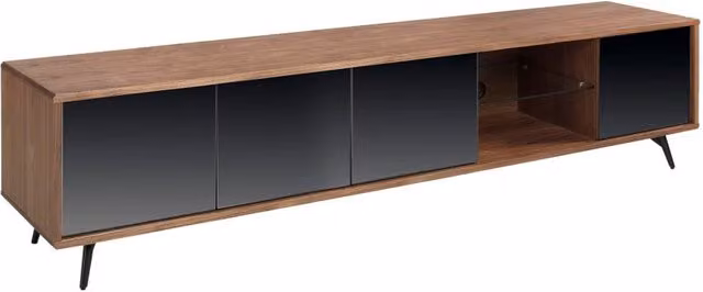 Mobile TV moderno Angel Cerdá in legno noce, vetro nero e metallo, L: 240 cm, P: 45 cm, H: 50 cm