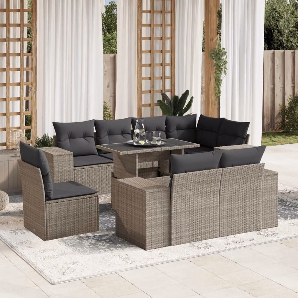 vidaXL Set Divano da Giardino a L 9pz in Polyrattan con Cuscini Antracite e Tavolino – 1