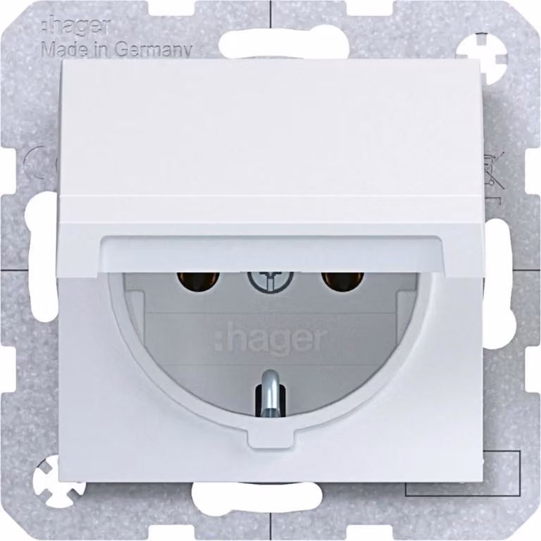 Prese SCHUKO Hager con coperchio a battente, 16A, 250V, morsetti a molla, colore bianco opaco, confezione da 10 pezzi.