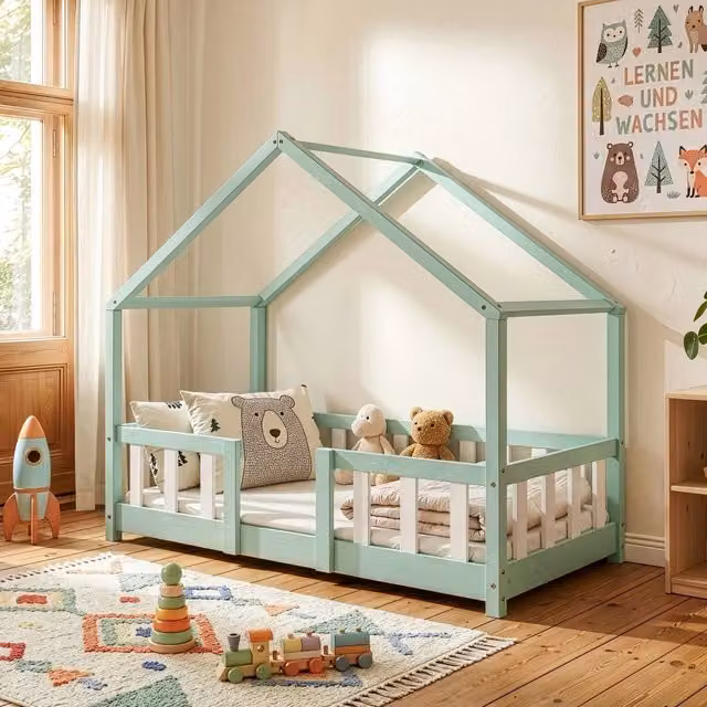 Letto per cameretta Treviolo a forma di casetta in stile Montessori en.casa, legno di pino laccato, Verde Menta/Bianco, 70x140 cm – 1