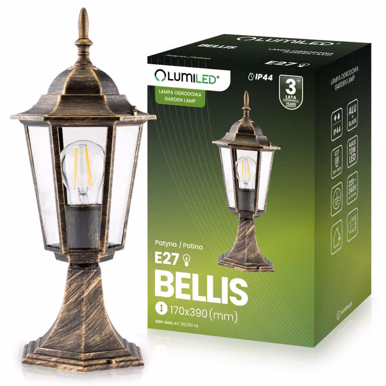 LUMILED vialetto luce vintage da esterno 230V 38 cm lanterna piedistallo lampada alluminio vetro patinato resistente agli spruzzi IP44 presa E27 giardino esterno