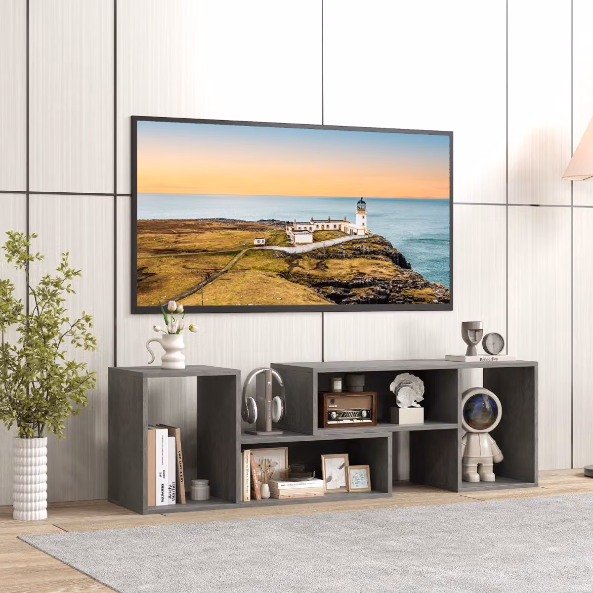 Mobile TV Console Costway a 2 Pezzi con Combinazione Libera, Centro di Intrattenimento Minimalista per TV da 50-60 Pollici, Grigio
