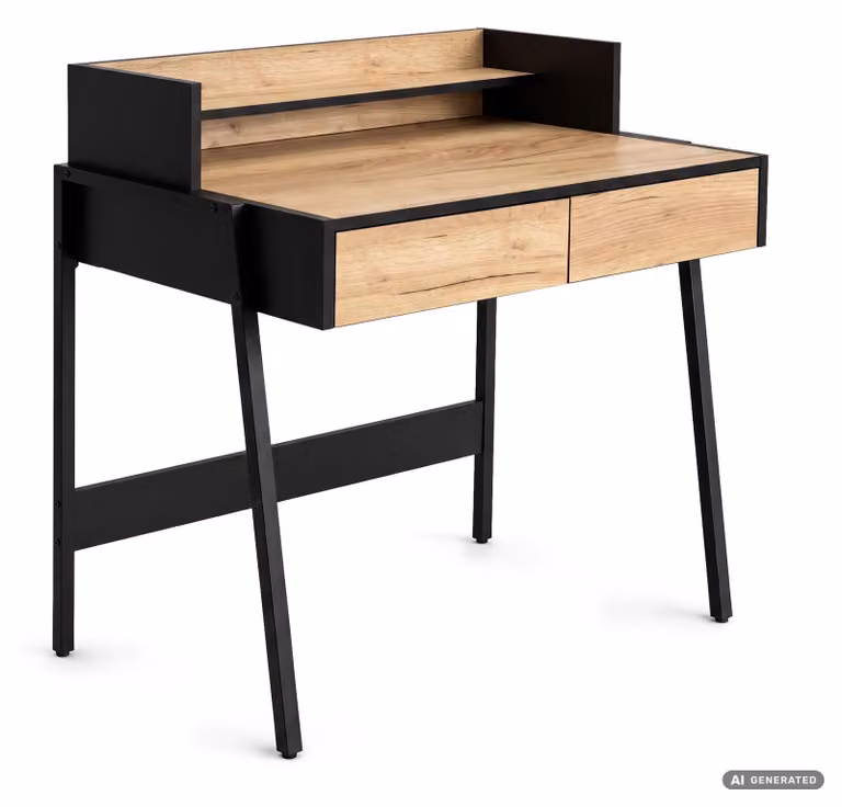 Scrivania industriale per computer Rovere Craft FLUX 78 cm 2 cassetti 1 ripiano gambe nere