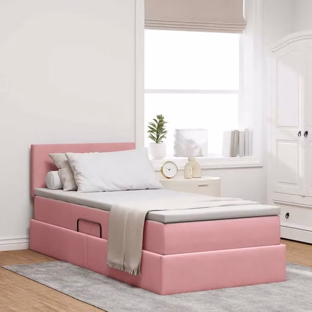 Letto con contenitore e illuminazione LED vidaXL in velluto rosa, L/P/H: 190 x 90 x 45 cm – 1