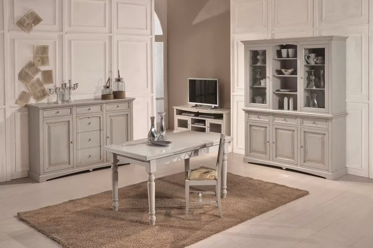 Credenzone Mobili 2G in legno con 2 porte e 6 cassetti, laccato grigio patinato in stile shabby chic, L: 170 cm, P: 46 cm, H: 116 cm
