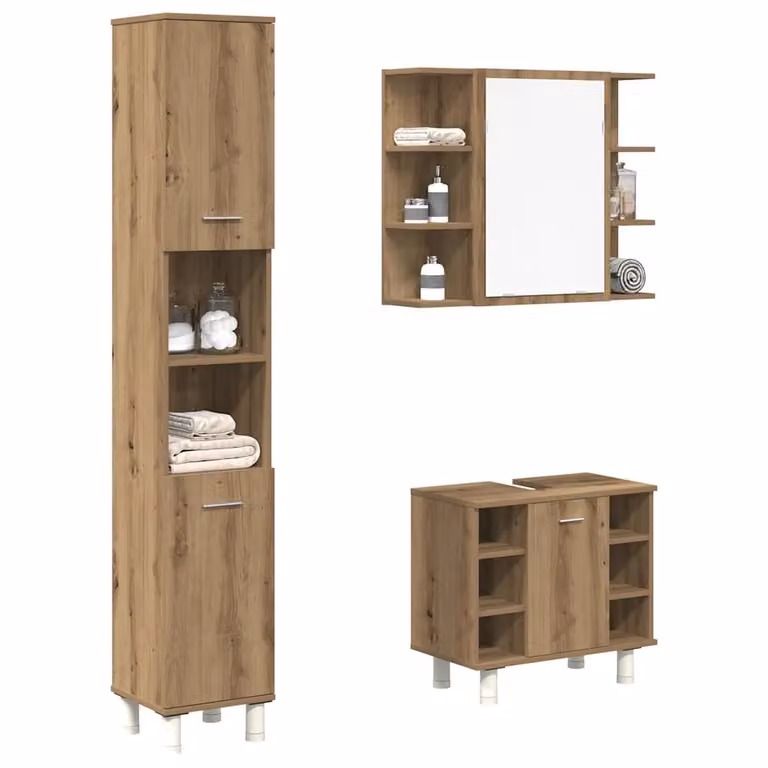 Set di mobili da bagno moderno vidaXL in legno color rovere marrone composto da 3 pezzi con armadietto specchio, mobile lavabo e colonna alta