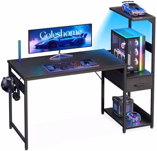 Scrivania da gaming Ibenzoa® con illuminazione RGB (16 colori, 10 modalità), design reversibile, piano in pannello truciolare con effetto fibra di carbonio 3D, supporto per PC, cassetto rivestito in tessuto