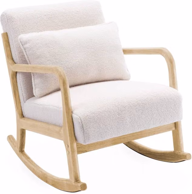 Poltrona a dondolo scandinava Sweeek in legno e tessuto bouclé, beige e bianco