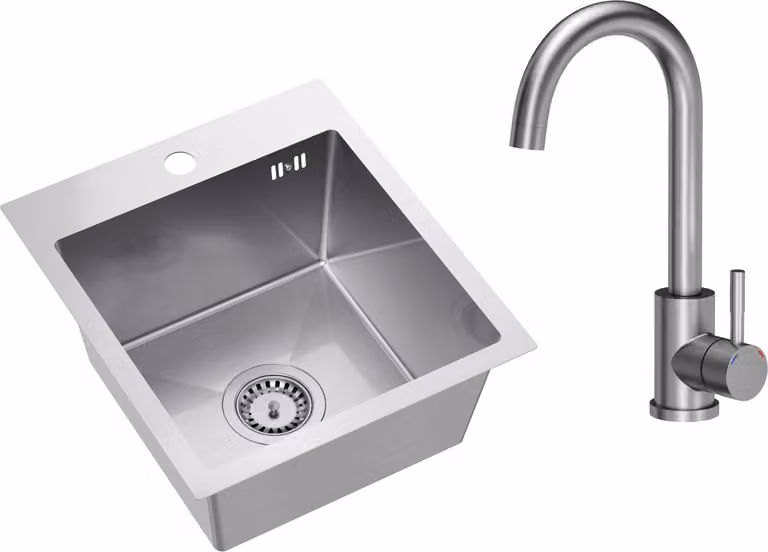 VBChome Lavello in acciaio inox con rubinetto 40 x 45 cm Lavello in acciaio inox spazzolato da incasso con foro per rubinetto Lavello da cucina in acciaio inox Lavello a vasca grande scarico Siphon Lavello in acciaio inox spazzolato con rubinetto